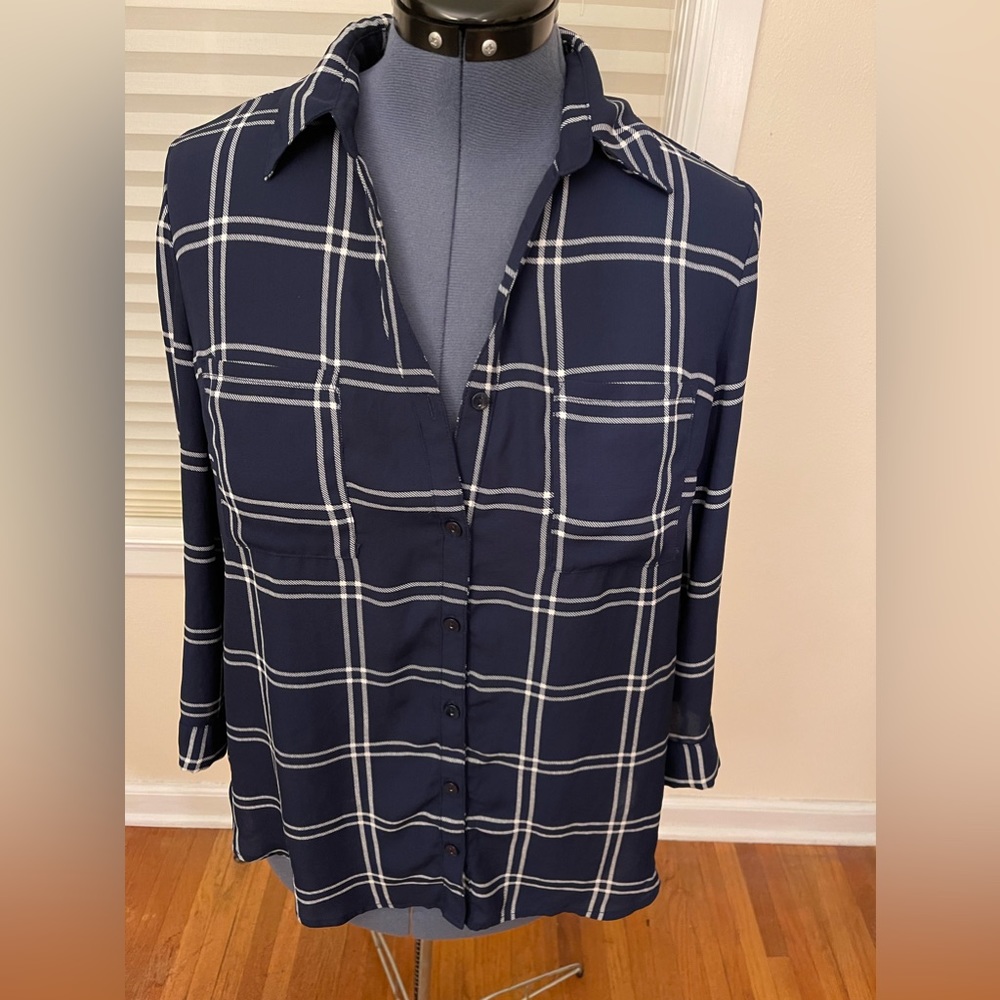 Fortune+Ivy blue and white plaid button down shirt XL